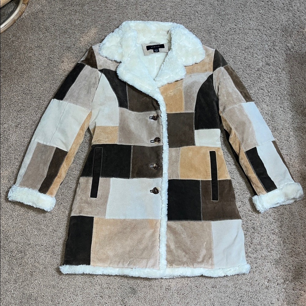 STATIC Patchwork Suede Leather Penny Lane Sherpa Coat Jacket Neutral Brown Tan M - Picture 5 of 8